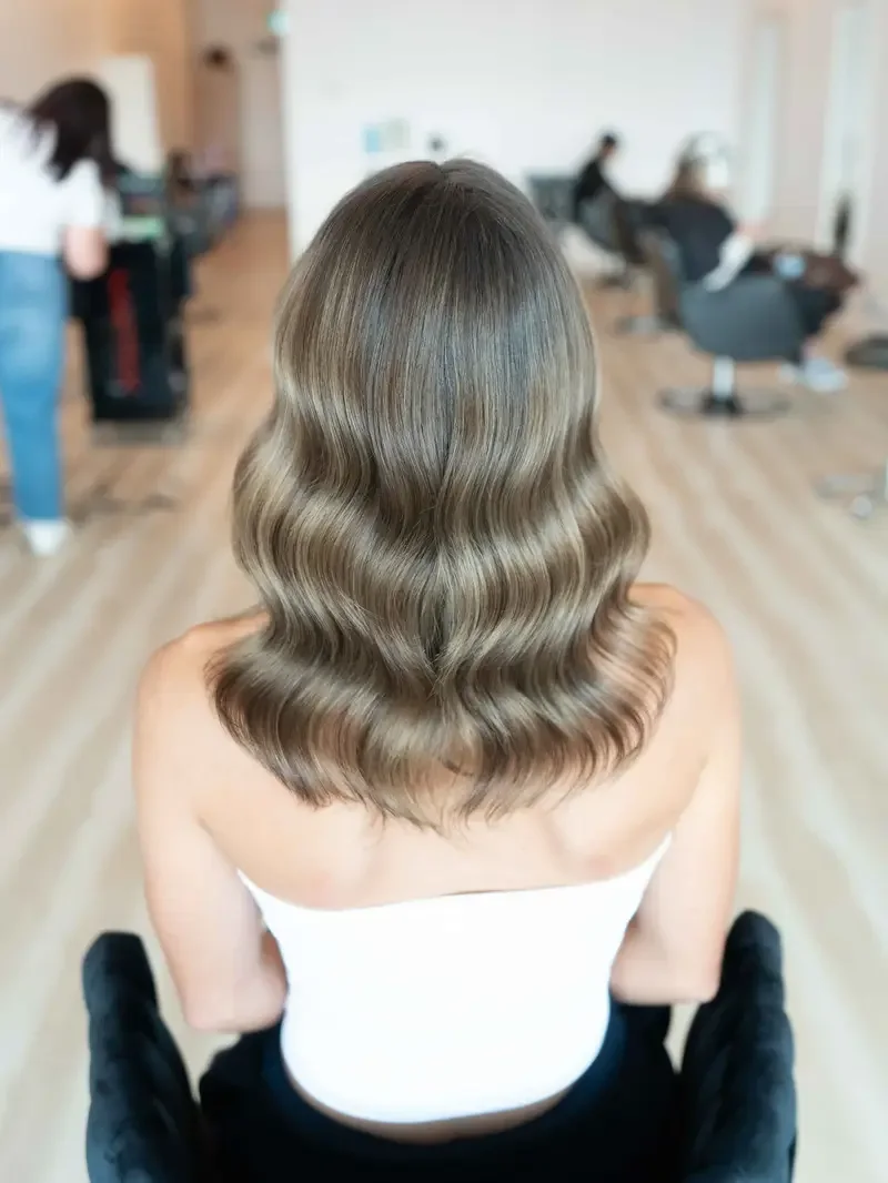 Glamorous Hollywood waves styled by a stylist at Aura Hair Studio in Innisfil