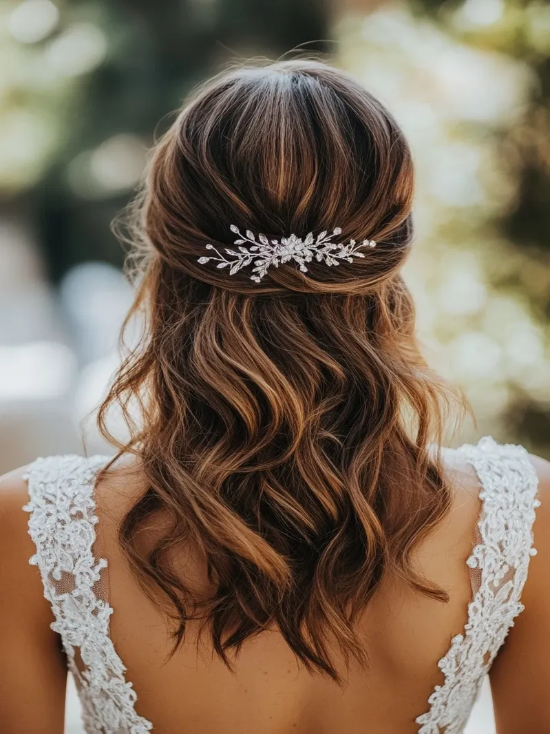 Romantic bridal half-up hairstyle with a jewelled hair vine, styled at Aura Hair Studio